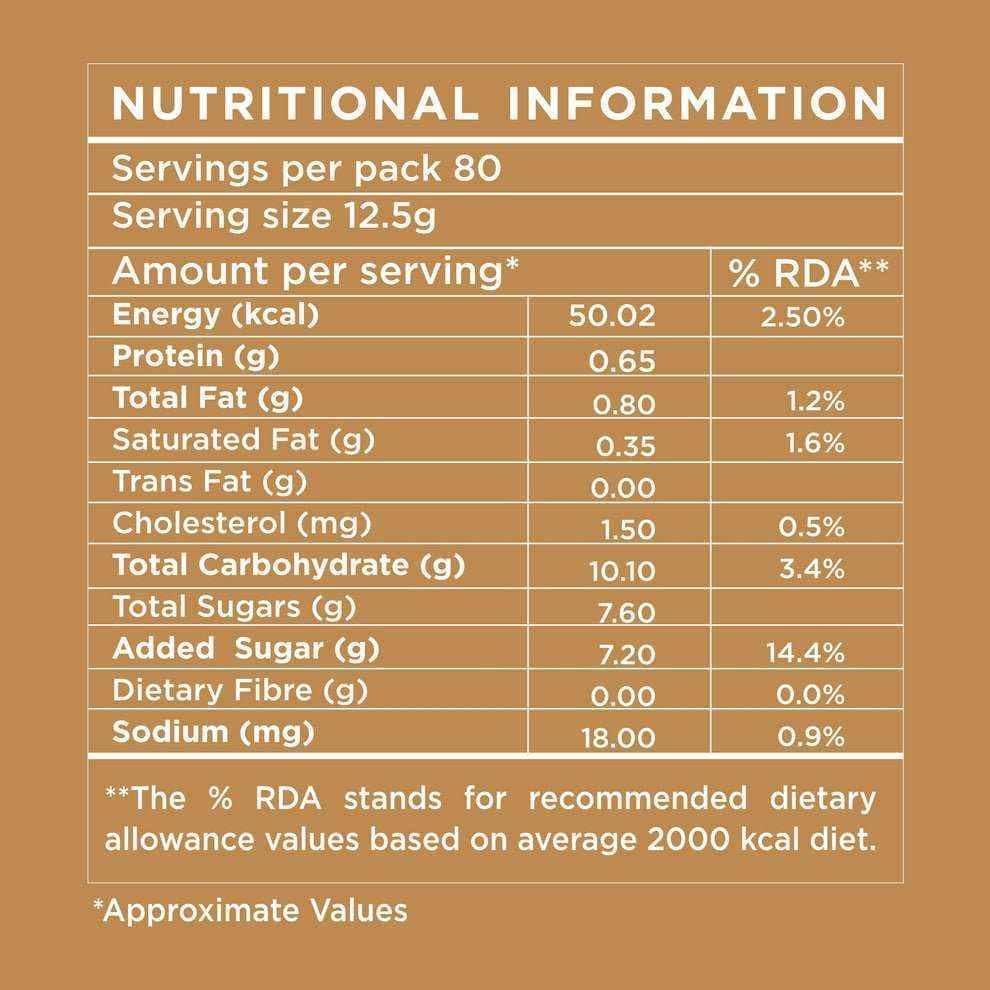 Nutritional information label for Atlantis Nukkad instant coffee premix 1kg showing servings and nutrient values