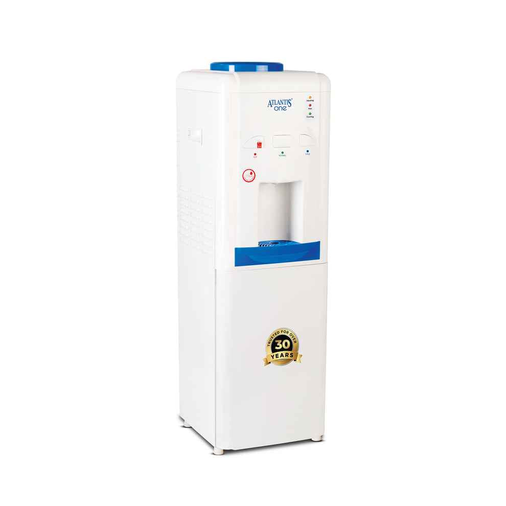 Atlantis One water cooler with child lock in white with blue accents and 30 years warranty badge