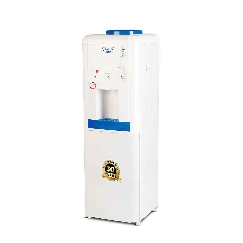 Atlantis One water cooler with child lock in white and blue design with 30 years warranty badge