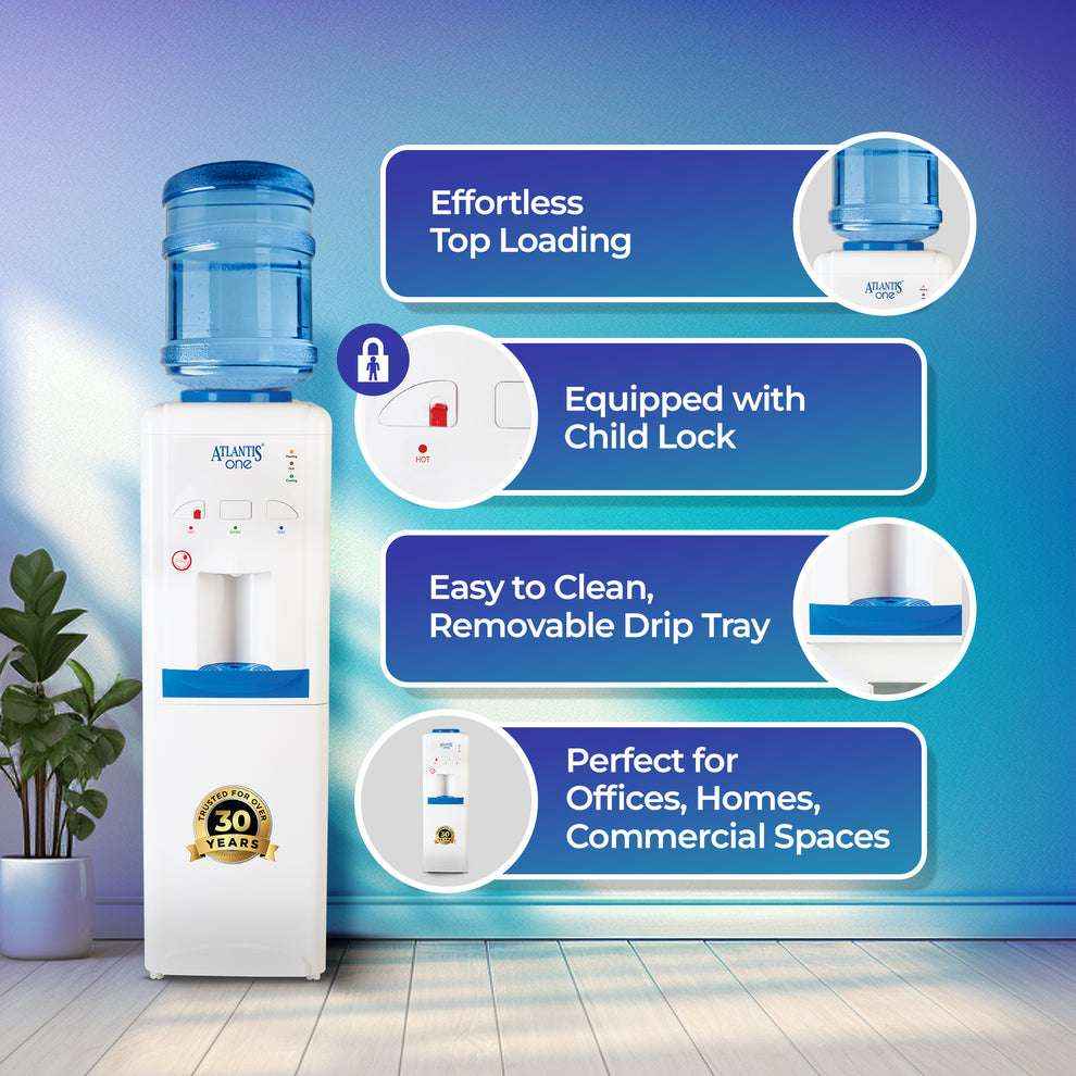 Atlantis One water cooler with child lock top loading white dispenser with removable drip tray