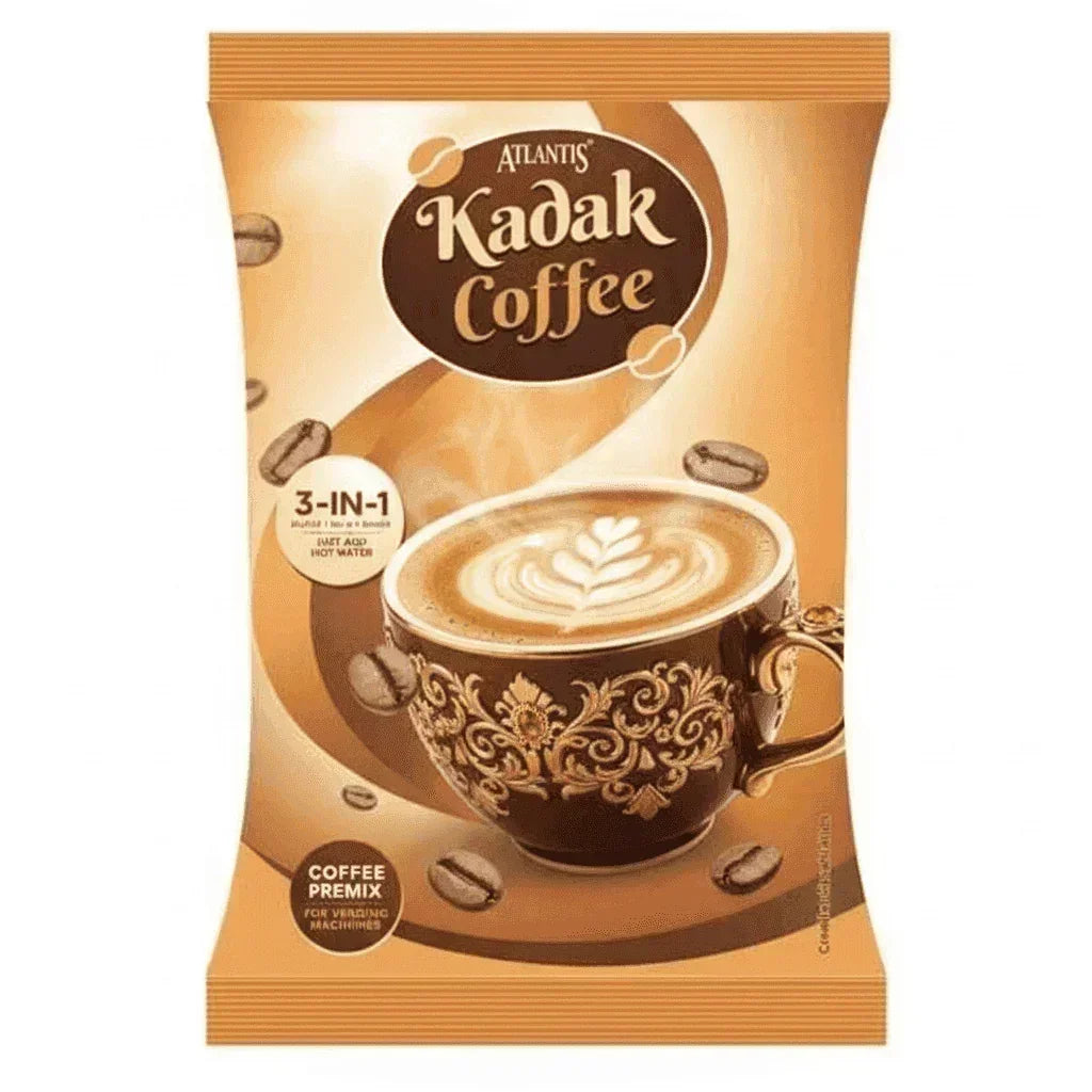 Atlantis online Kadak 3-in-1 coffee premix packet with decorative cup filled with coffee