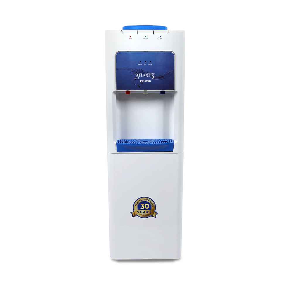 Atlantis Prime 3 tap water dispenser white floor-standing model with blue accents and three taps