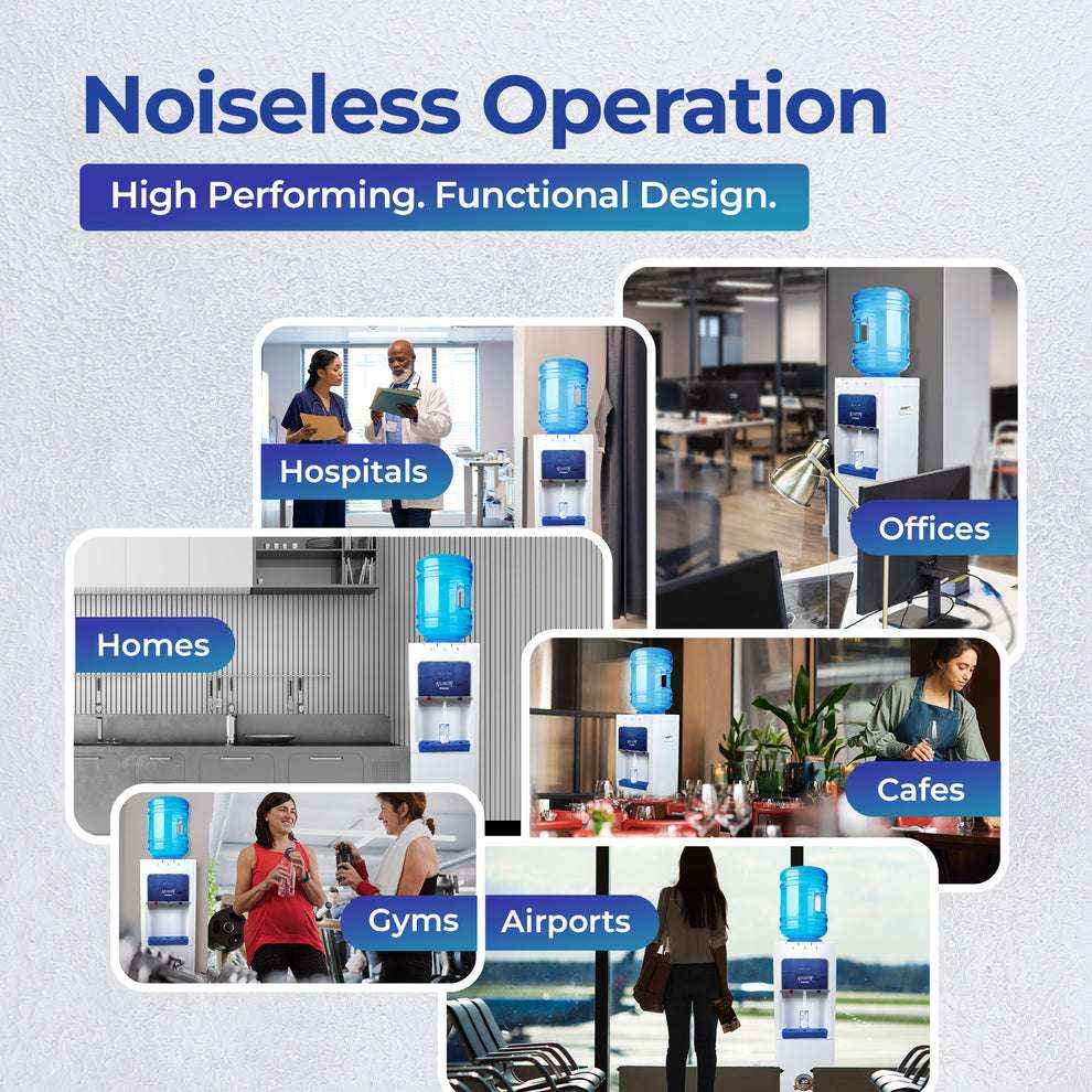 Atlantis Prime 3 tap water dispenser shown in hospitals offices homes cafes gyms and airports for noiseless operation