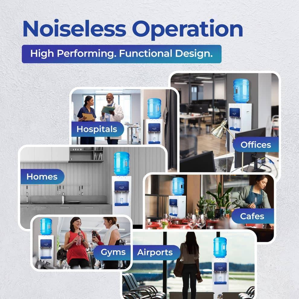 Atlantis Prime 3 tap water dispenser shown in hospitals, offices, homes, cafes, gyms, and airports with noiseless operation