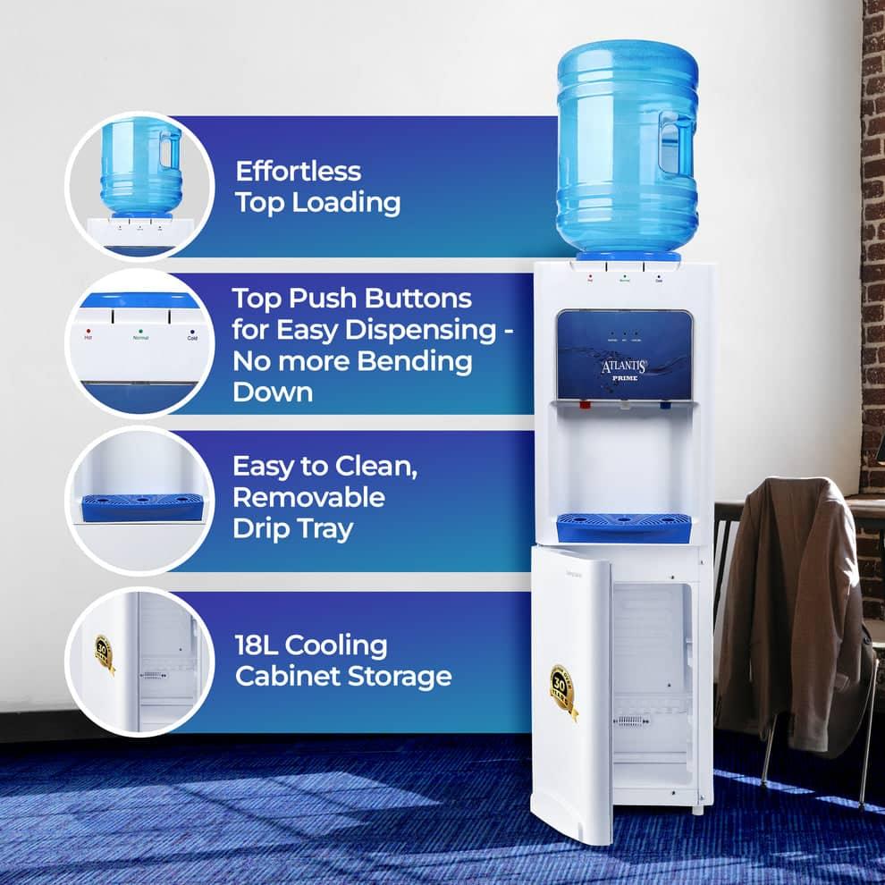 ATLANTIS PRIME water dispenser with top loading, easy push buttons, removable drip tray, and 18L cooling cabinet