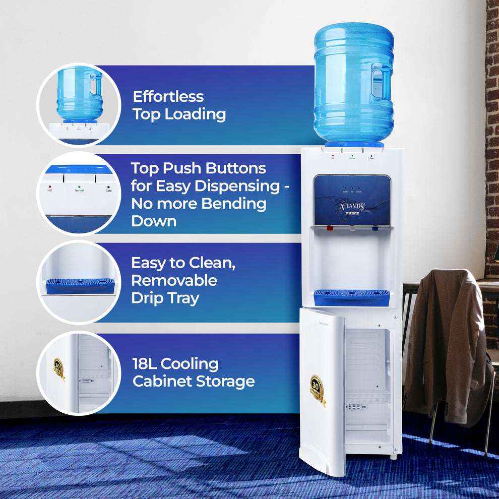 Atlantis Prime water dispenser Delhi with top loading, push button dispensing, removable drip tray, and 18L cooling cabinet storage