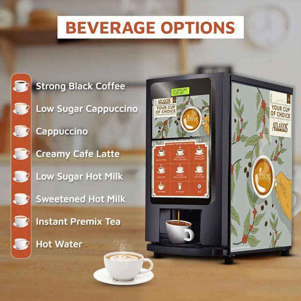 Atlantis select 7 option coffee machine with beverage options including coffee, cappuccino, latte, tea, and hot milk