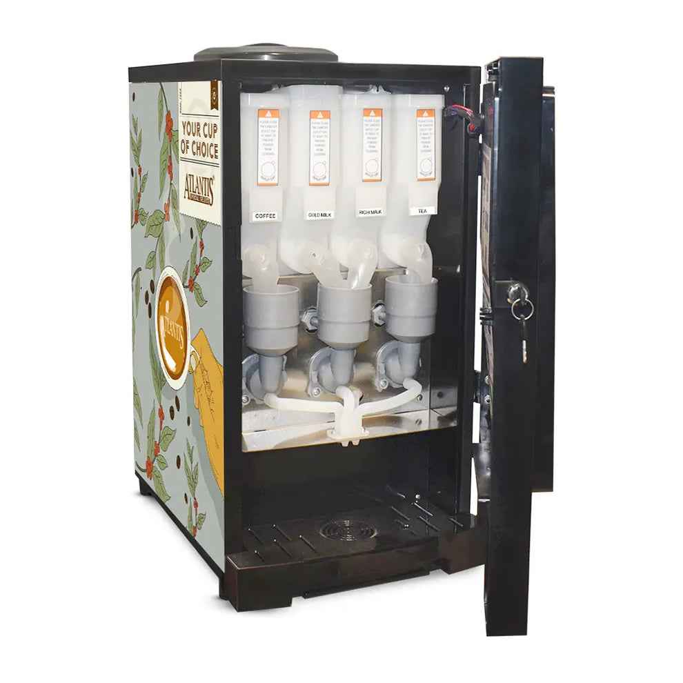 Atlantis select 7 option coffee machine with multiple coffee and beverage containers inside open black vending unit