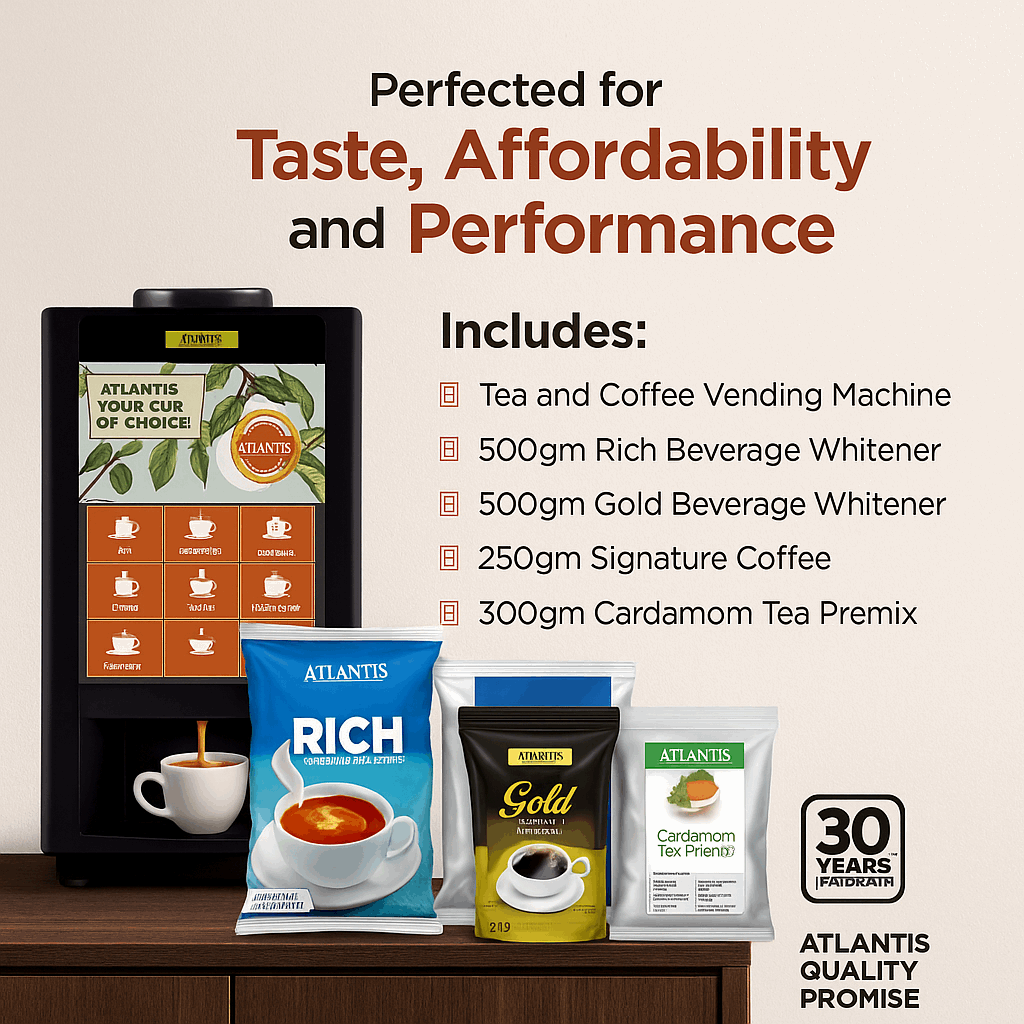 Atlantis select 7 option coffee machine with tea and coffee vending service packs on wooden table