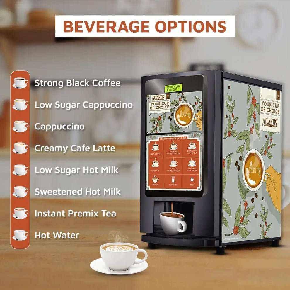 Atlantis select 7 option coffee machine offering strong black coffee cappuccino cafe latte tea and hot water
