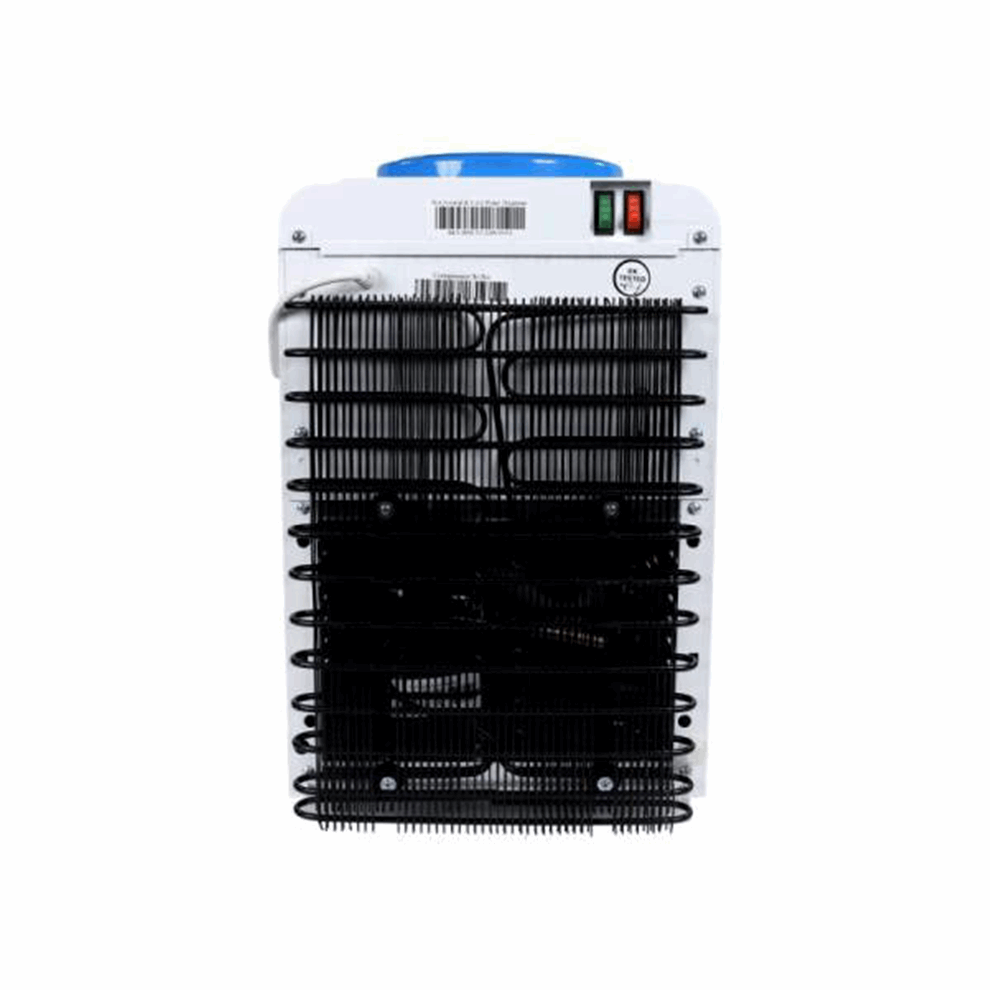 Back view of Atlantis Sky water dispenser with hot and cold tap showing cooling coils and power switches