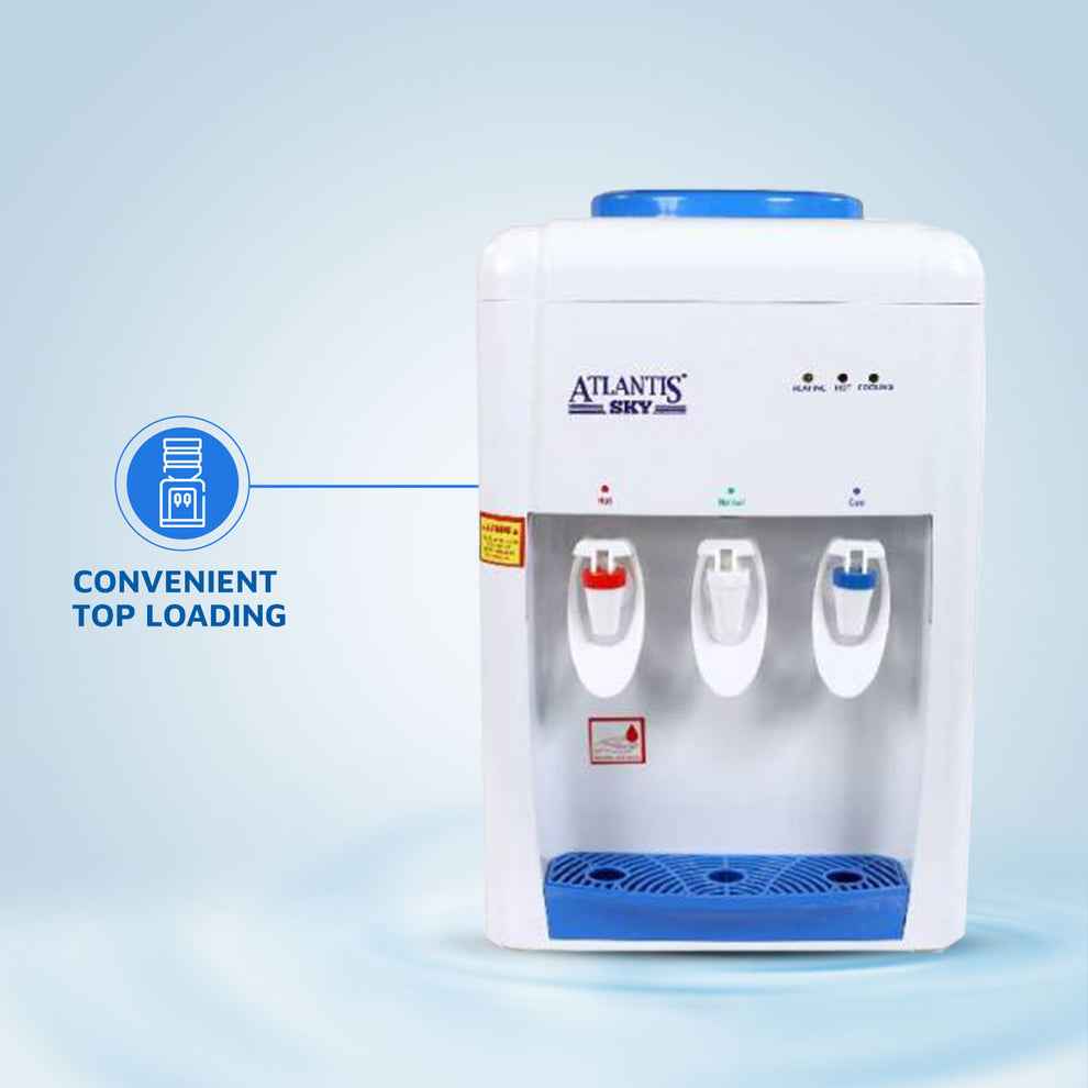 Atlantis Sky water dispenser with hot and cold tap featuring convenient top loading design in white and blue