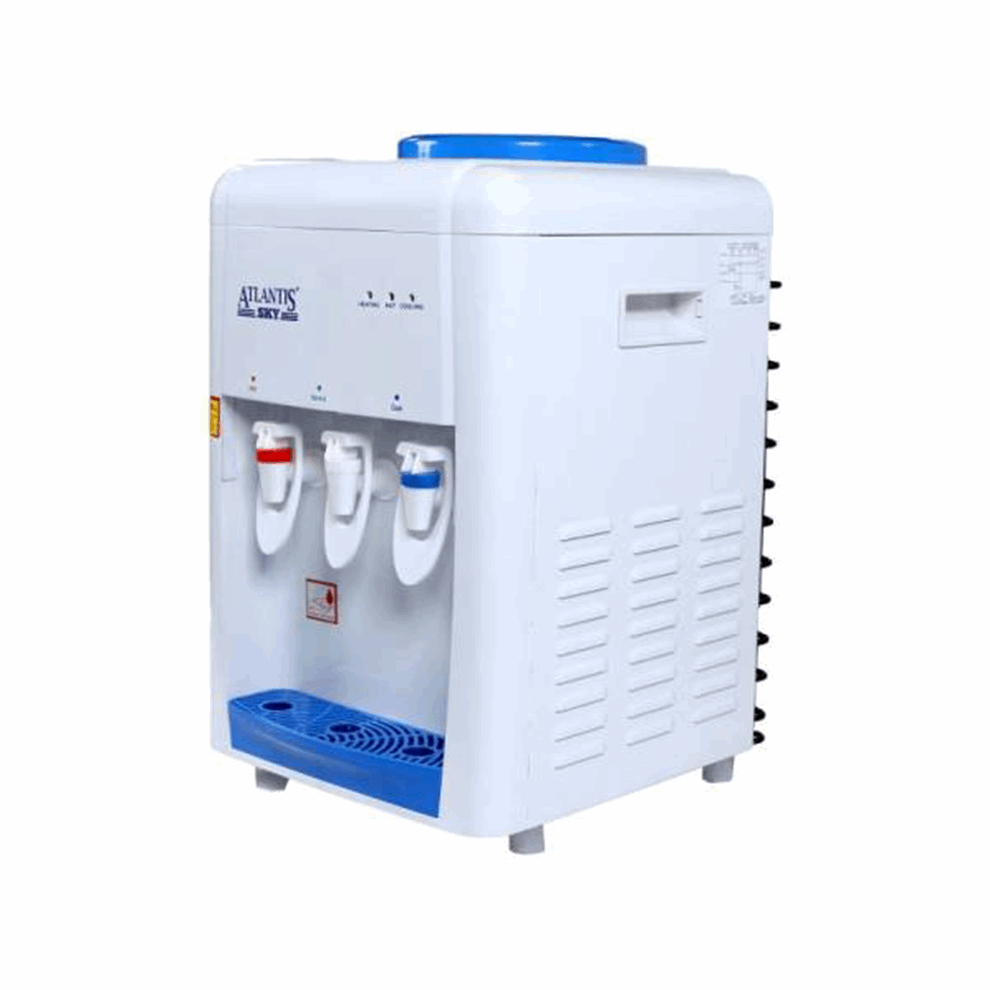 Atlantis Sky water dispenser with hot and cold tap in white with blue accents and three dispensing taps
