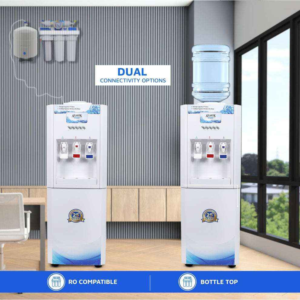Atlantis super water dispenser in office setting with dual connectivity options for RO compatibility and bottle top use