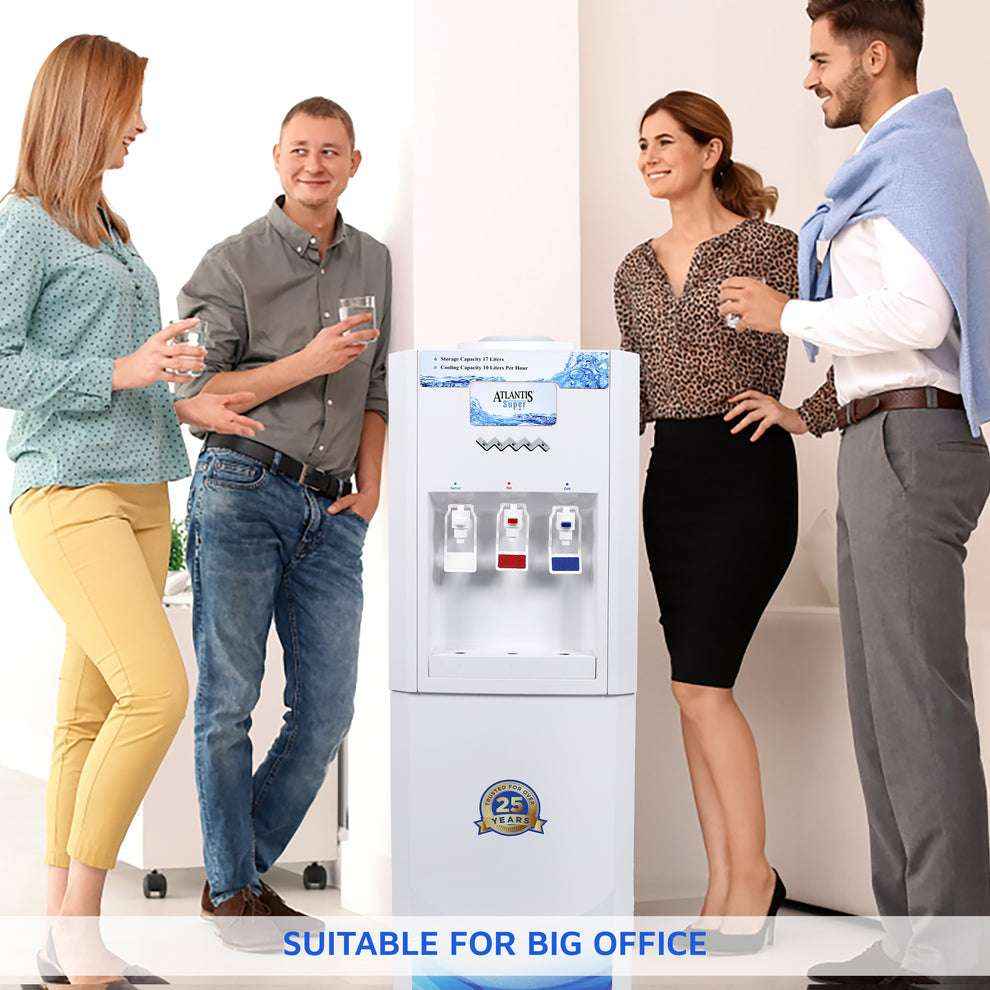 Four office colleagues using Atlantis super water dispenser in a bright modern office setting