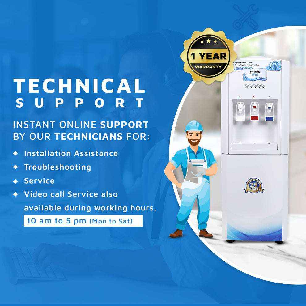 Atlantis super water dispenser with three taps and technical support details including installation and troubleshooting