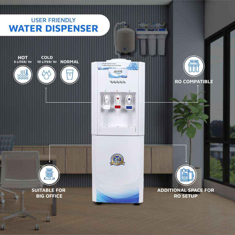 Atlantis super water dispenser in office setting with hot cold and normal water options and RO compatibility