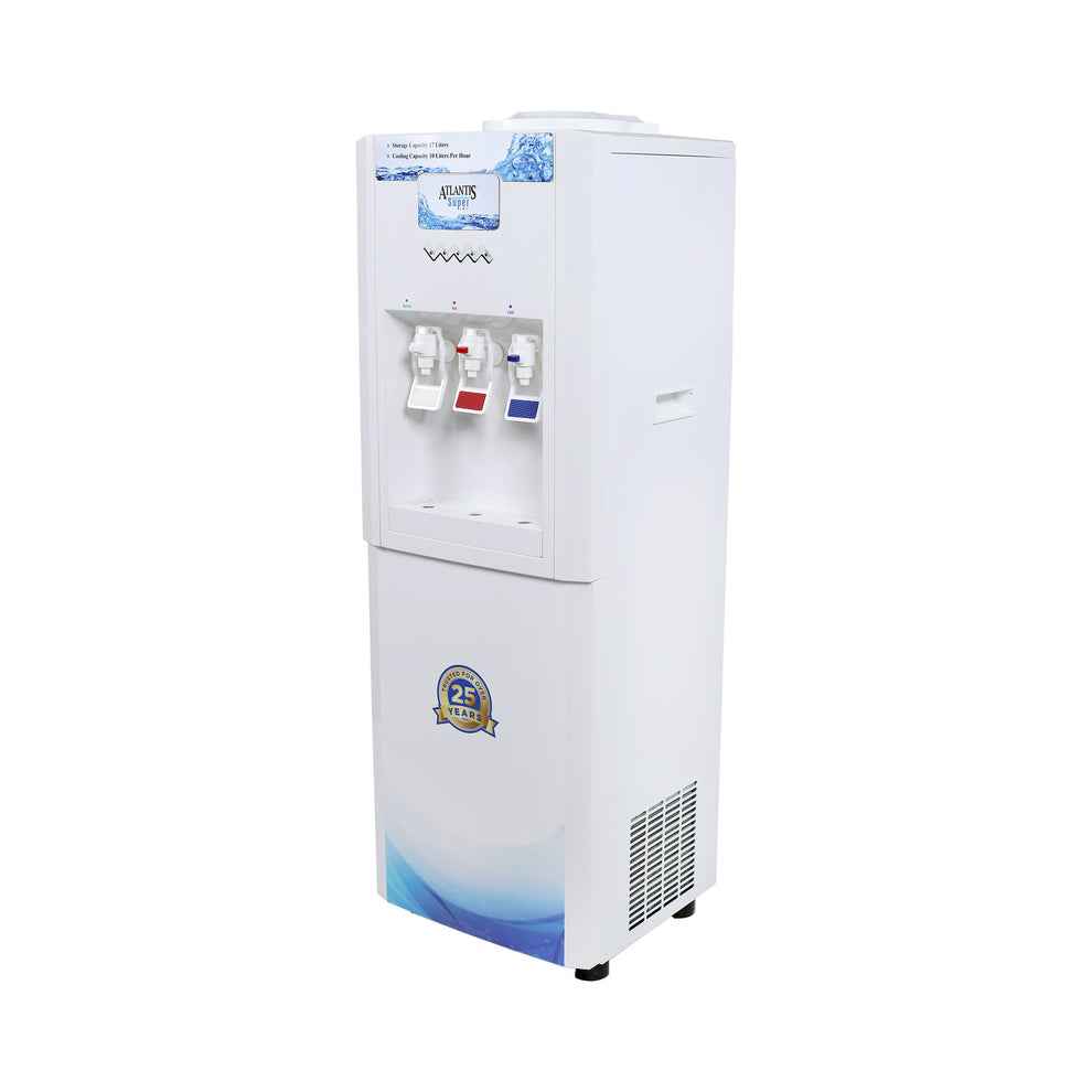 Atlantis super water dispenser white freestanding unit with three taps for hot cold and normal water