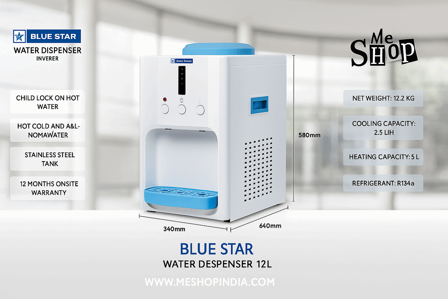 Blue Star Atlantis water dispenser for office Delhi with 12 litre capacity and child lock feature