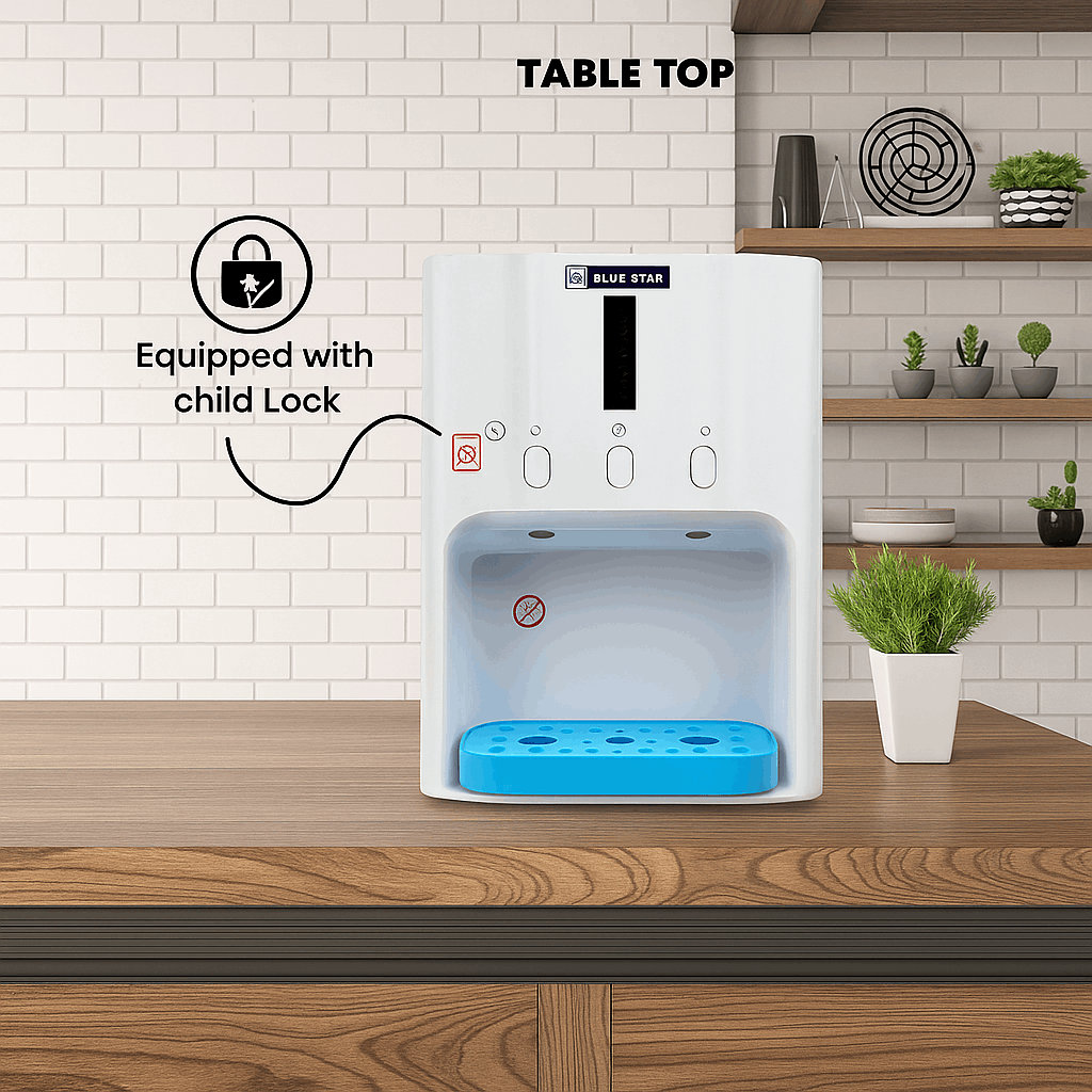 Atlantis water dispenser for office Delhi on wooden table with child lock safety feature