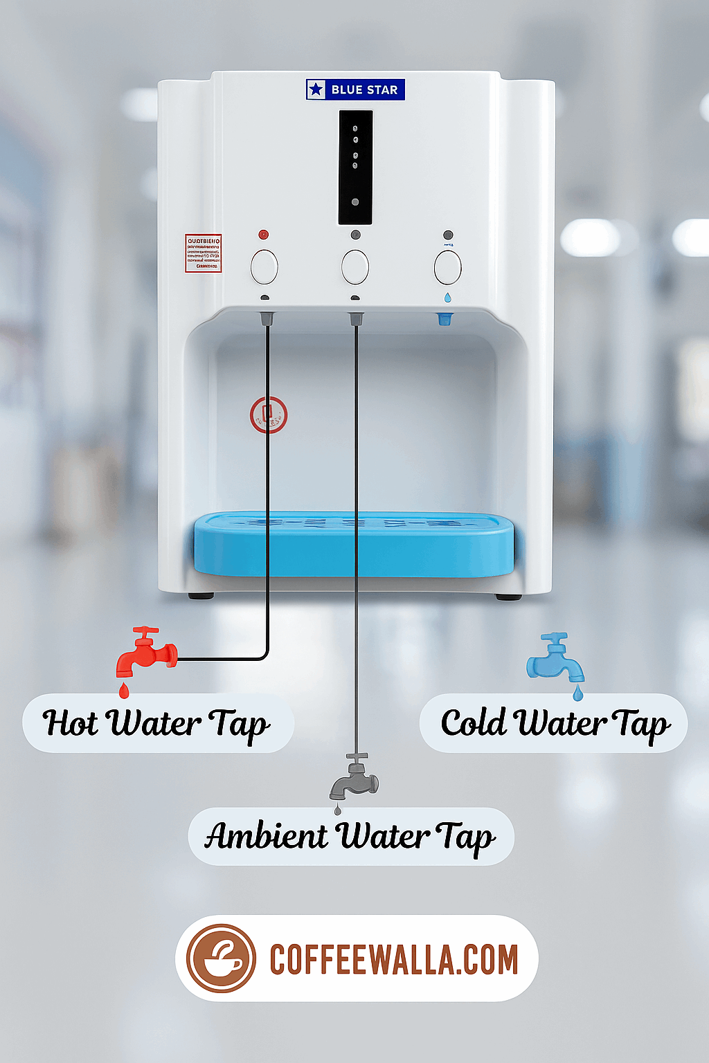 Atlantis water dispenser for office Delhi with hot, cold, and ambient water taps in a sleek white design
