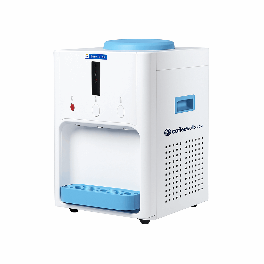 Atlantis water dispenser for office Delhi with white and blue compact design and easy tap operation