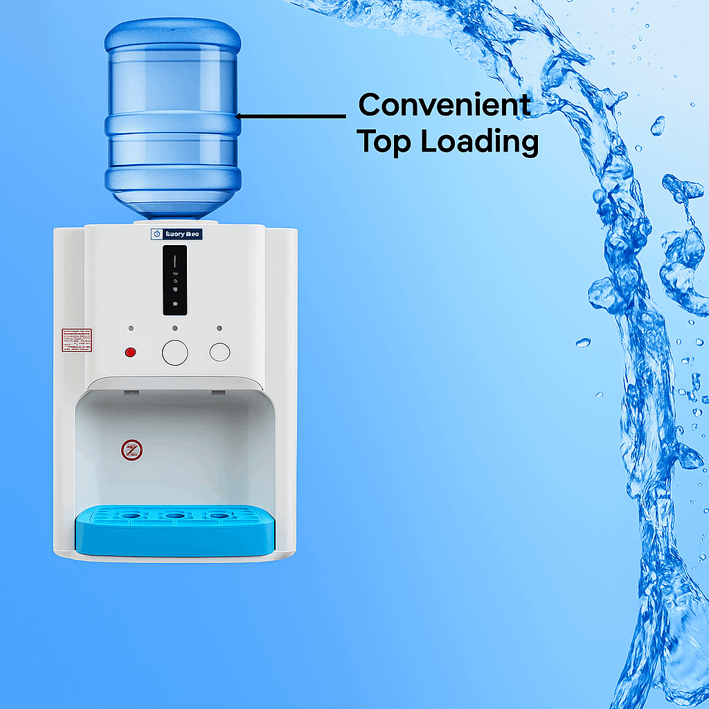 Atlantis water dispenser for office Delhi with convenient top loading and blue water bottle on white base