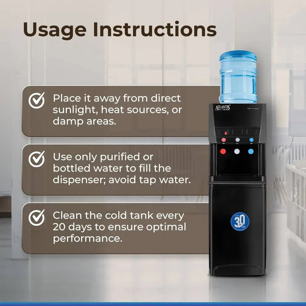 Atlantis water dispenser for office Delhi with usage instructions in a bright office setting