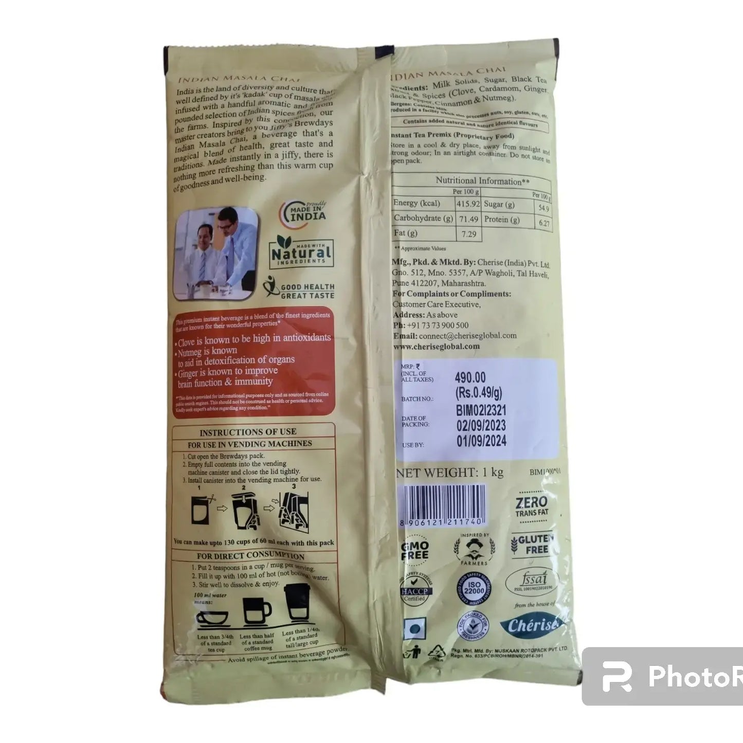 Indian masala tea premix 1kg pack from Tea coffee vending service showing nutritional info and usage instructions