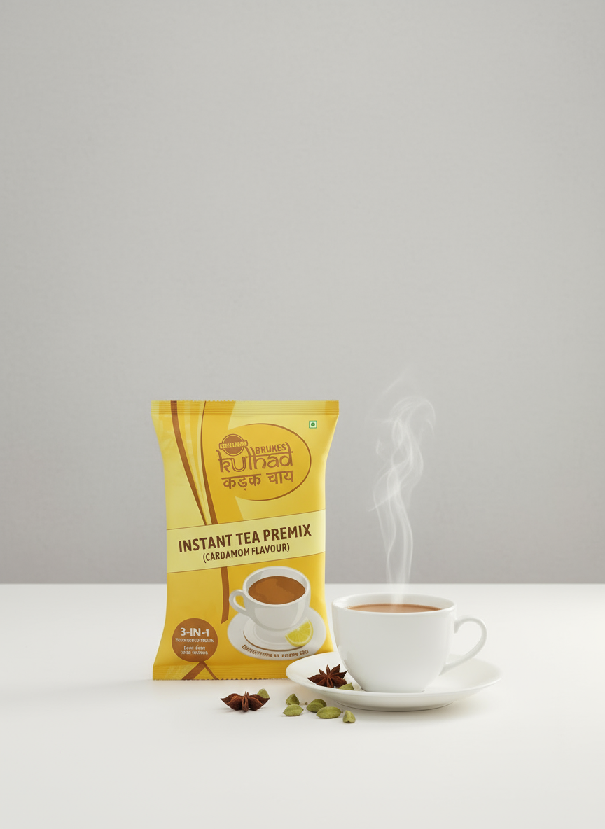 Instant tea premix 1 kg packet with cardamom flavour by Coffee walla beside steaming cup of tea and spices