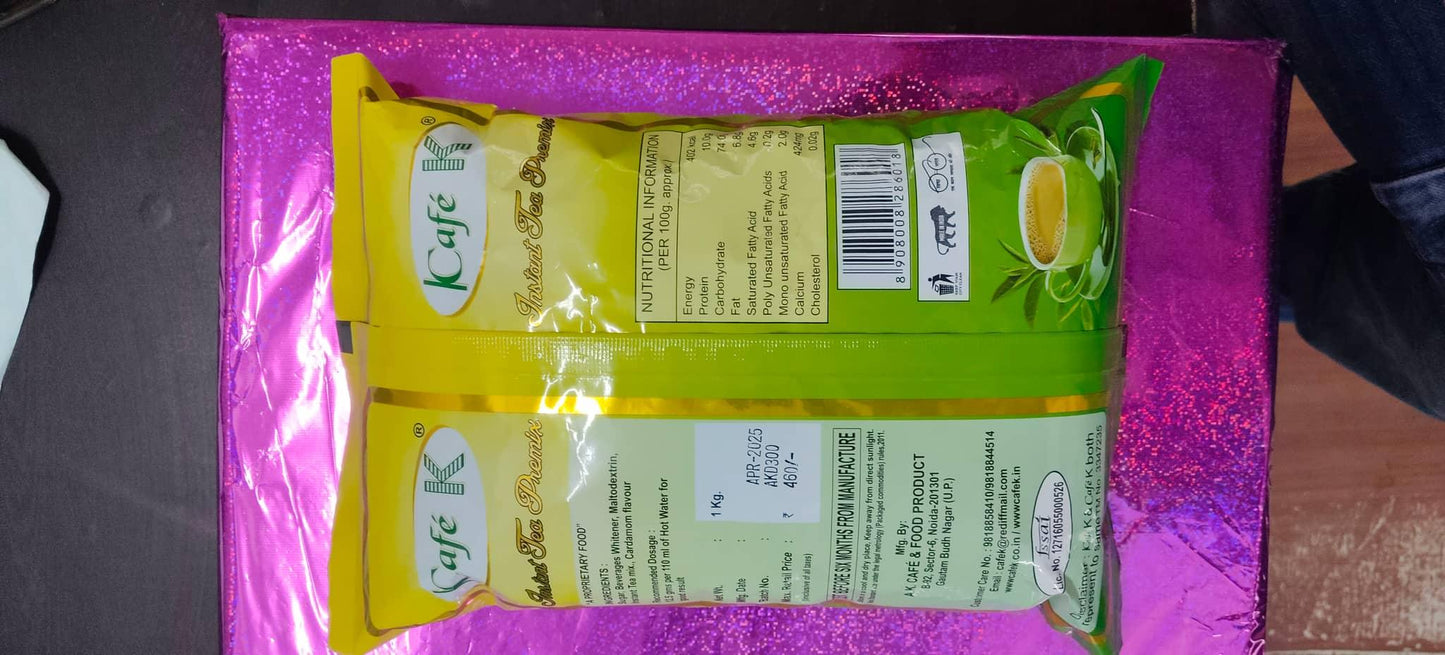 Cafek tea premix cardamom in yellow and green packaging by Coffee walla showing nutritional information and product details