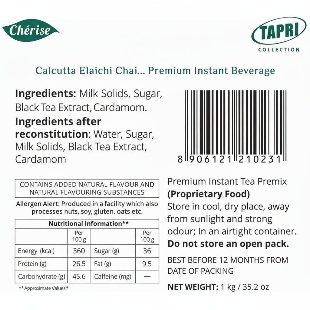 Calcutta Elaichi chai premix package label showing ingredients and nutritional information by Tea coffee vending service