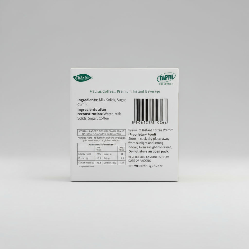 Back view of instant Madras coffee pouch 1kg with ingredient and nutritional information label