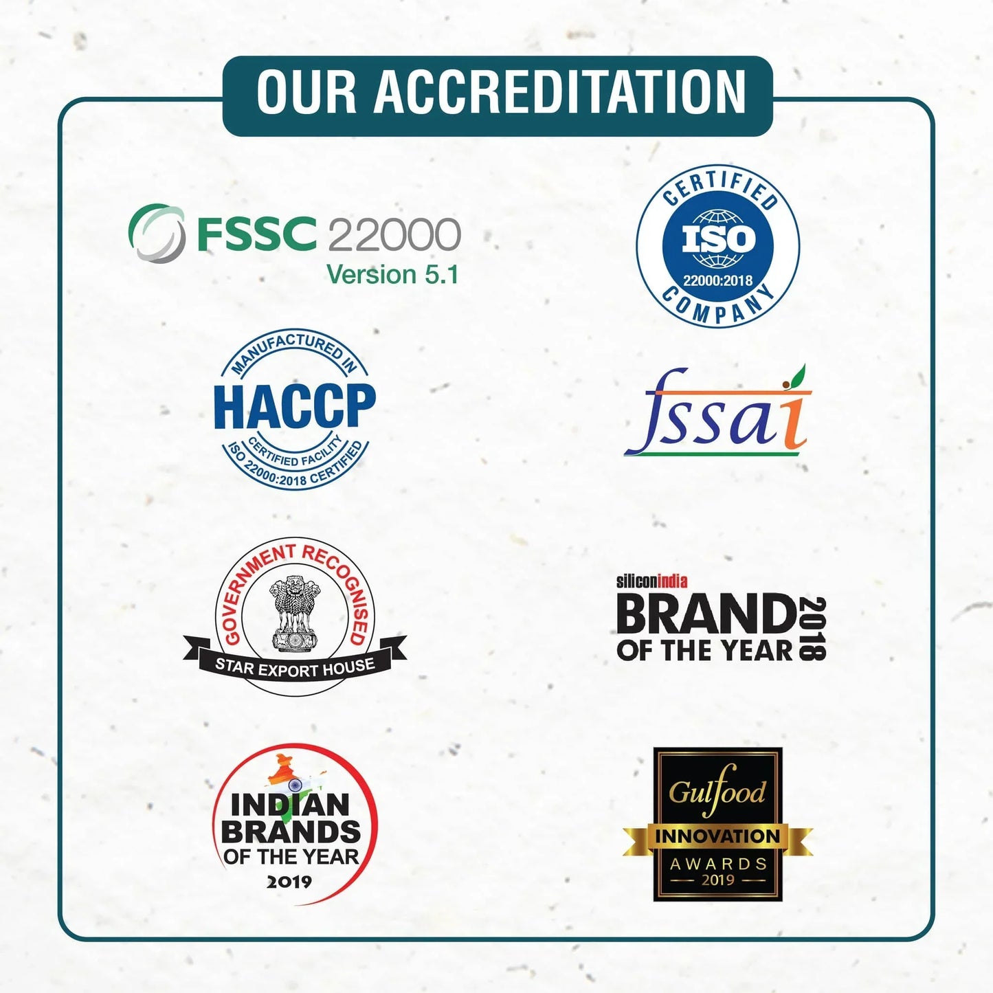 Accreditation logos including FSSC 22000, ISO 22000, HACCP, FSSAI, Indian Brands of the Year, and Gulfood Innovation Awards