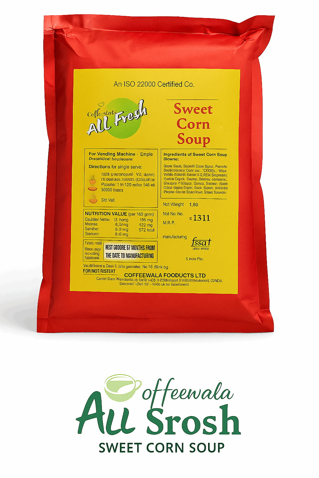 Sweet Corn Soup premix packet from Tea coffee vending service with clear yellow label and nutrition information