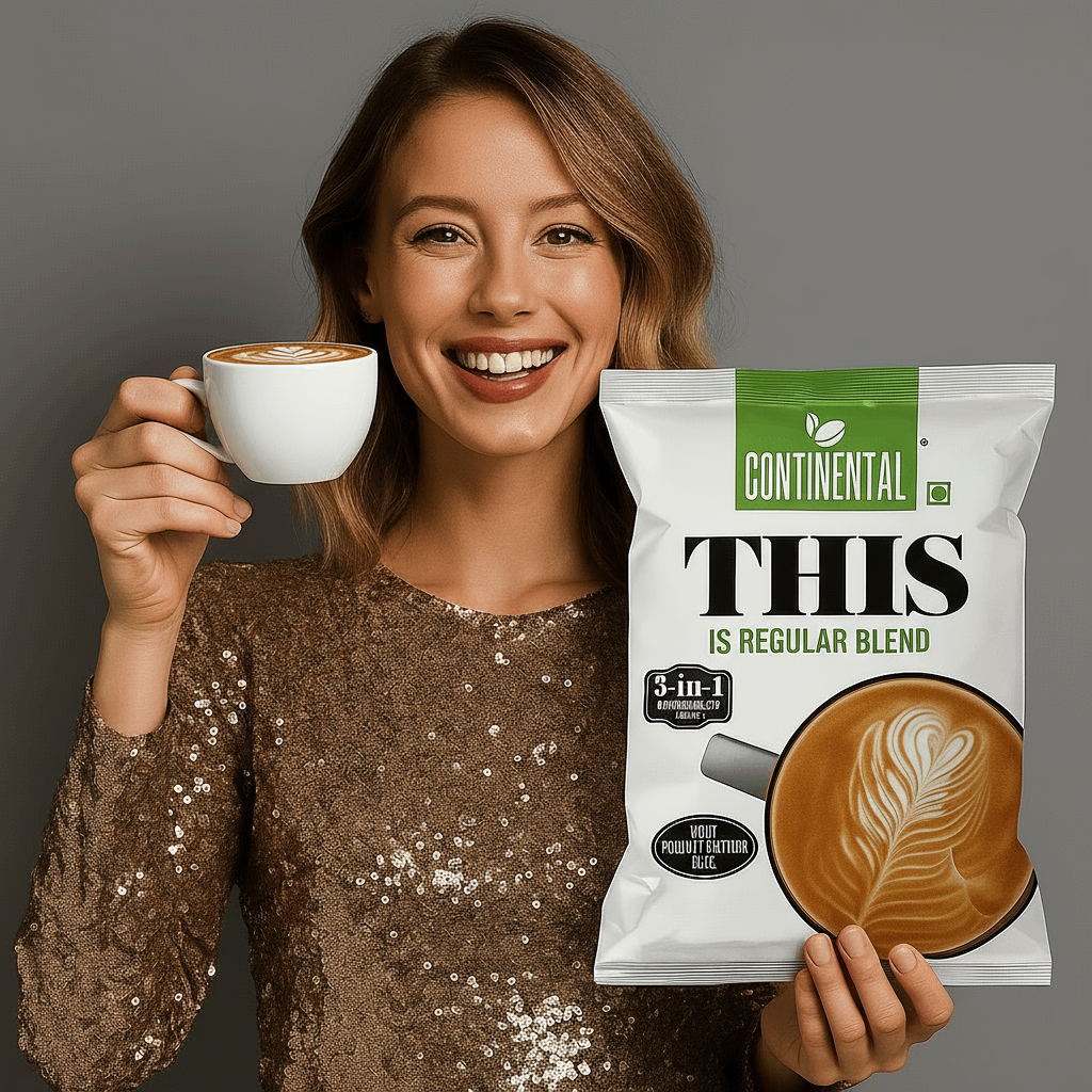 Smiling woman holding a glass and a pack of 3 in 1 dental coffee premix by Tea coffee vending service