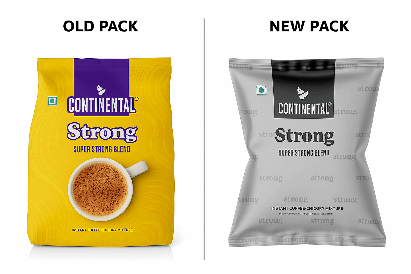 Continental instant coffee 1 kg pack old vibrant yellow and purple design and new sleek silver and black design side by side