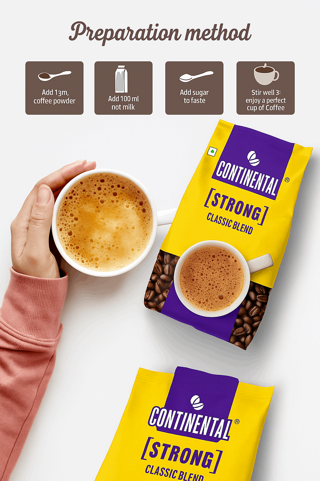 Continental instant coffee 1 kg strong classic blend pack with a cup of coffee and preparation method steps