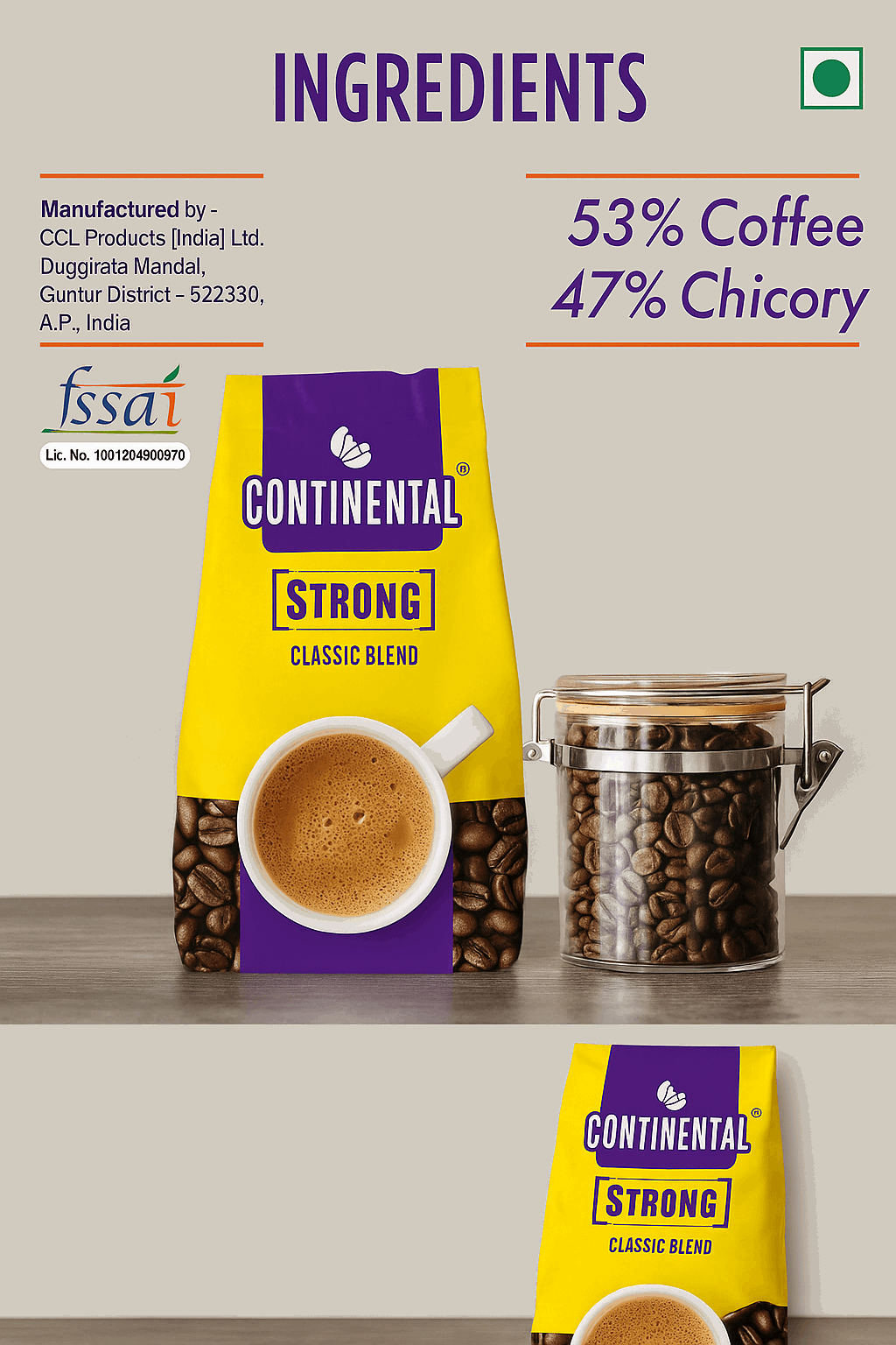 Continental instant coffee 1 kg strong classic blend pack with coffee beans in jar and cup of coffee