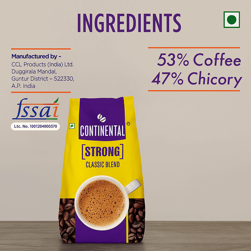 Continental instant coffee 1 kg pack with strong classic blend showing 53 percent coffee and 47 percent chicory ingredients
