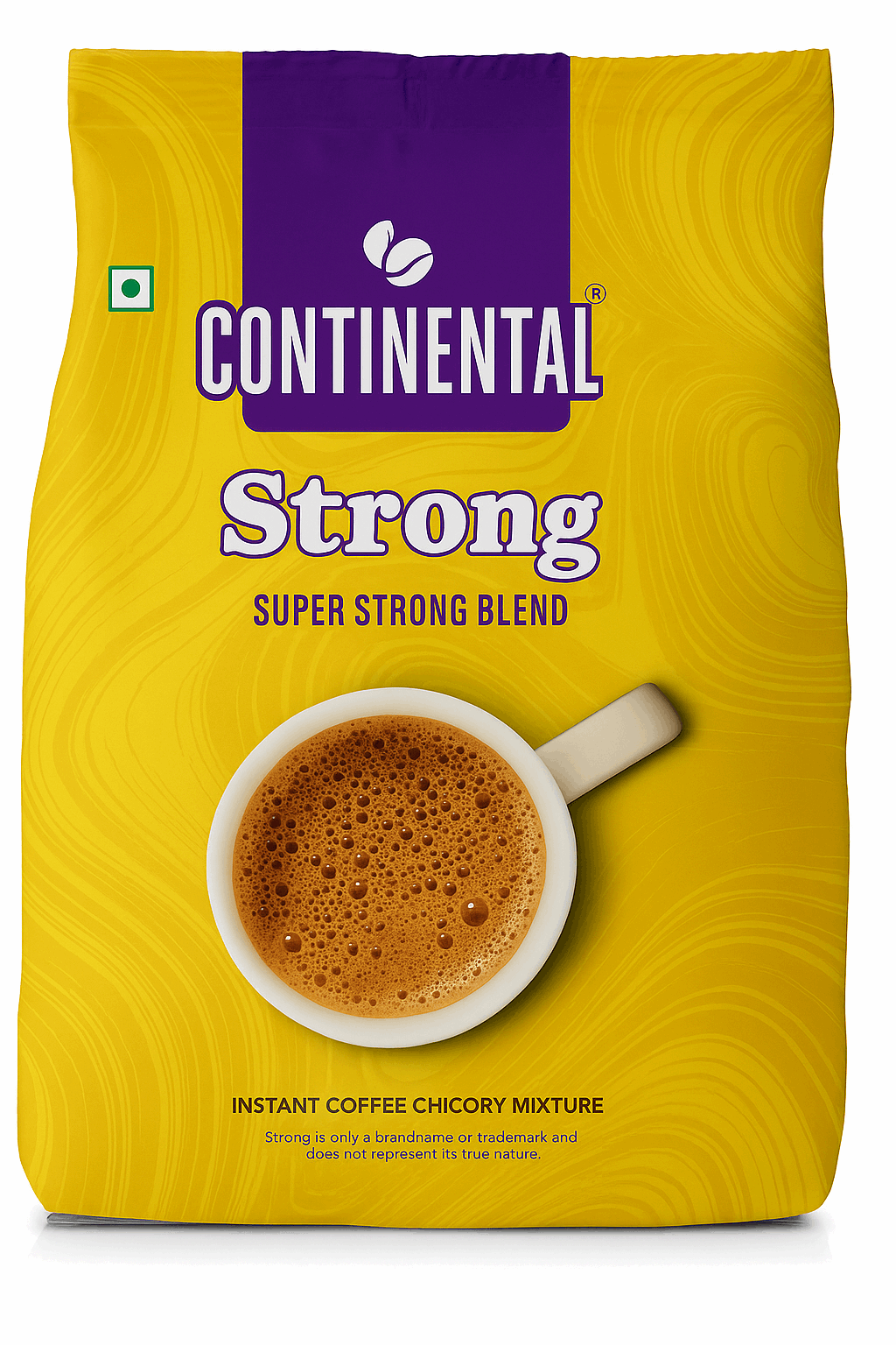 Continental instant coffee 1 kg pack with strong super blend and cup of frothy coffee on yellow background