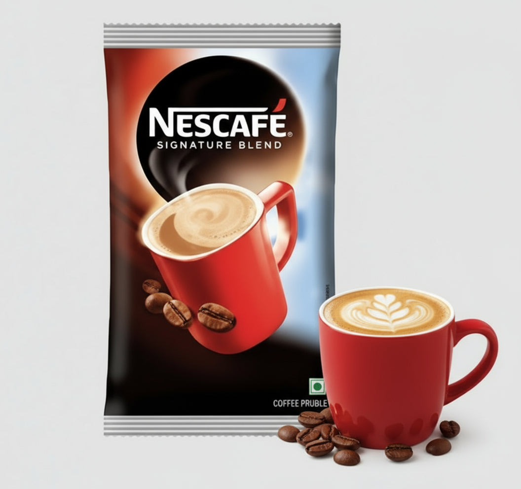 Nescafe instant coffee package with a cup and beans on a white background