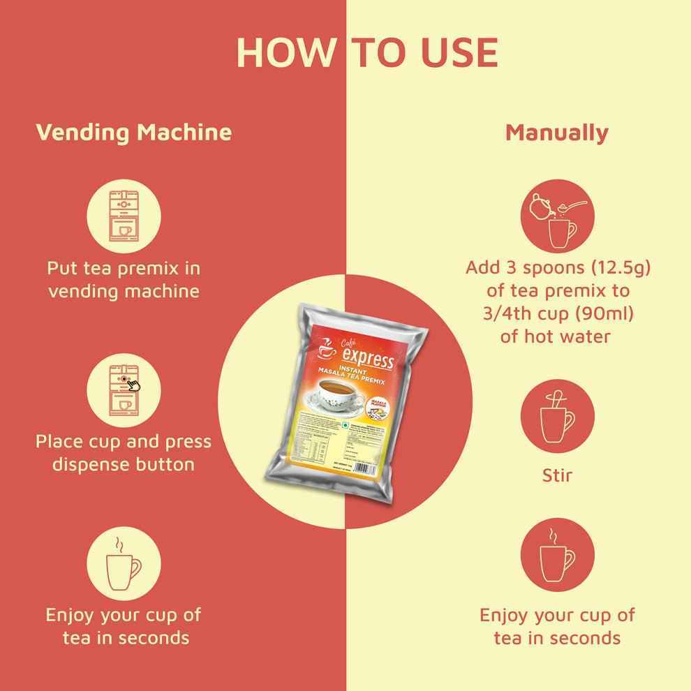 Instructions for using Atlantis Cafe Express Masala Tea premix 1kg with vending machine or manually