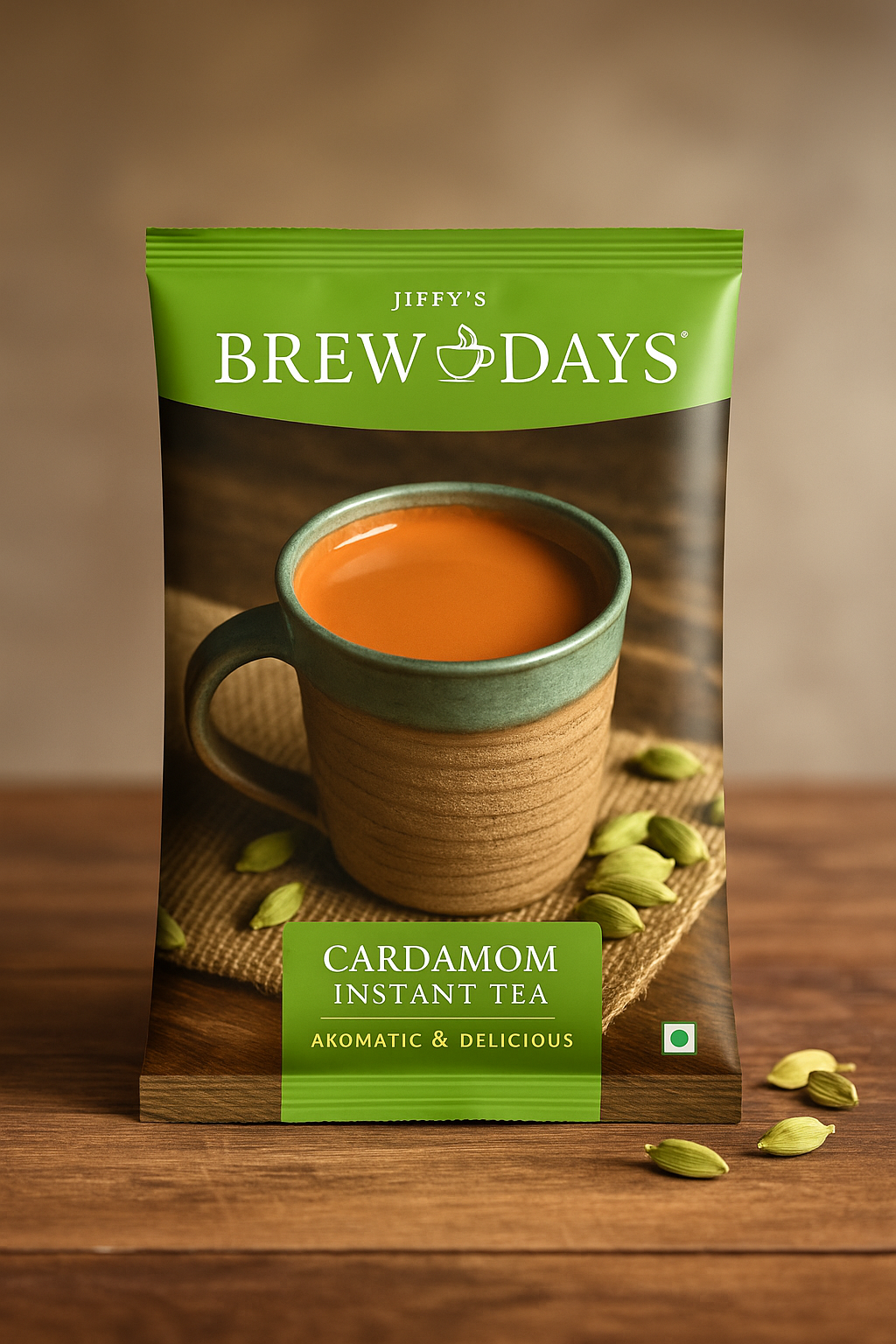 Brewdays Cardamom Tea 1 kg price pack showing a cup of cardamom tea and cardamom pods on wooden surface