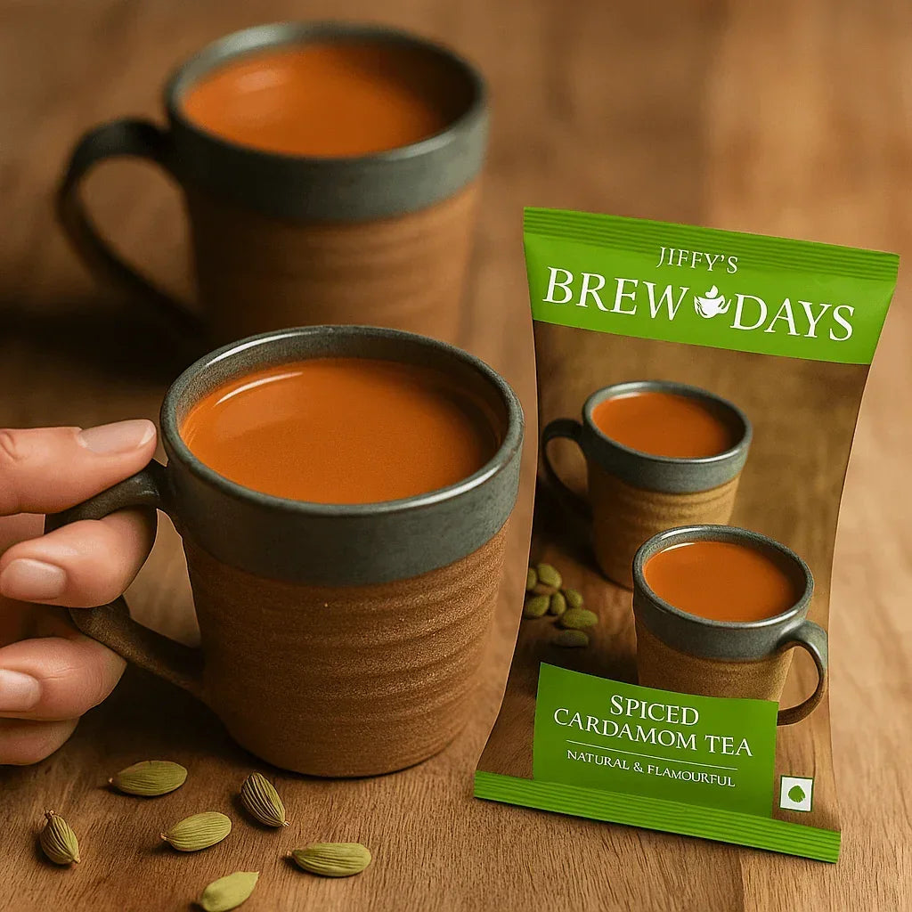 Cardamom tea premix for offices with spiced cardamom tea in rustic mugs and cardamom pods