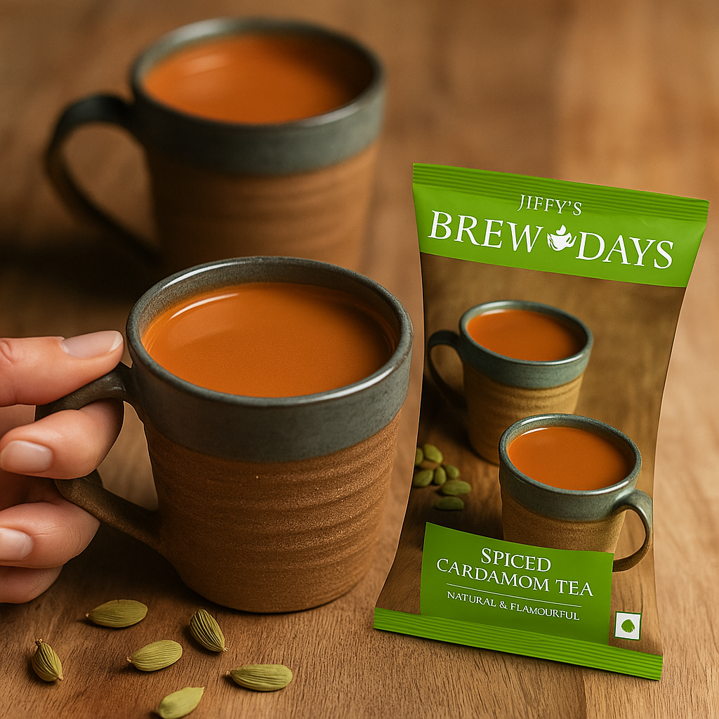 Cardamom tea premix for offices showing two brown ceramic mugs filled with spiced tea and a green packet of Jiffys Brew Days