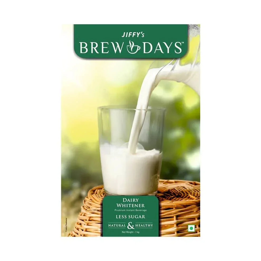 Jiffy’s Brew Days low sugar dairy whitener pouring into a glass with natural healthy ingredients