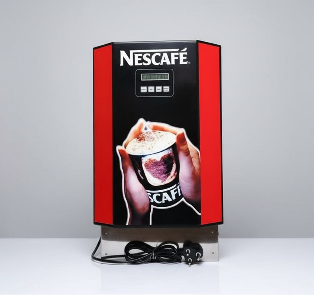 Nescafe 3 Lane Vending Machine with Upi master in black and red with coffee cup image