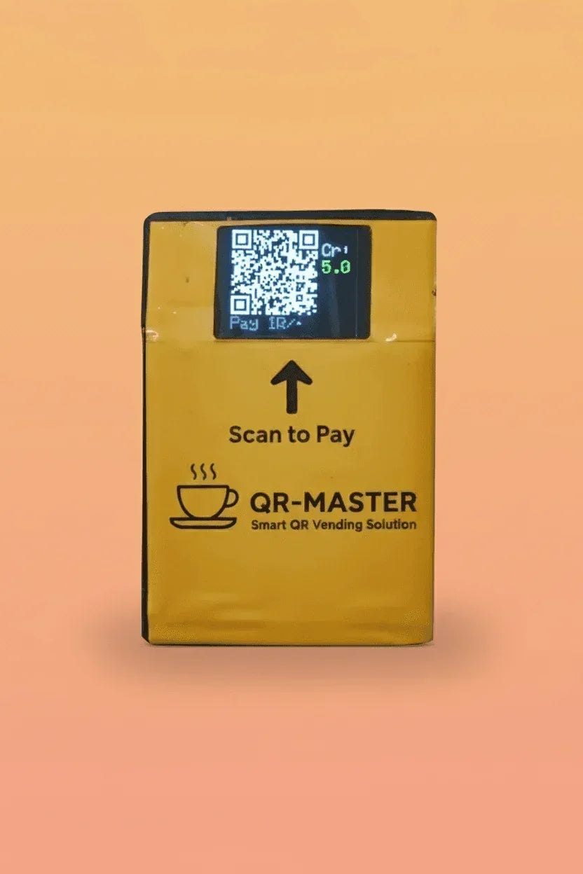 Nescafe 3 Lane Vending Machine with Upi master showing QR code for scan to pay on yellow interface