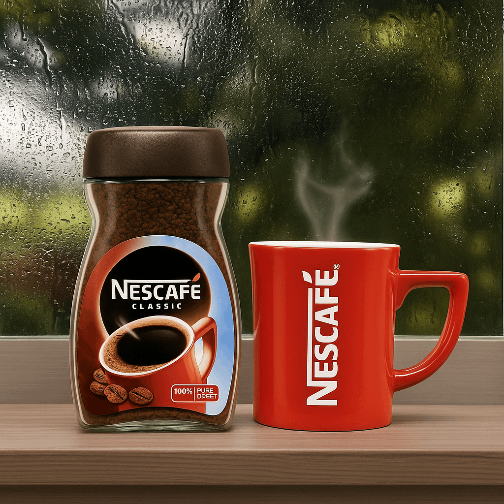 Nescafe Classic instant coffee 24 pack with glass jar and steaming red Nescafe mug on windowsill